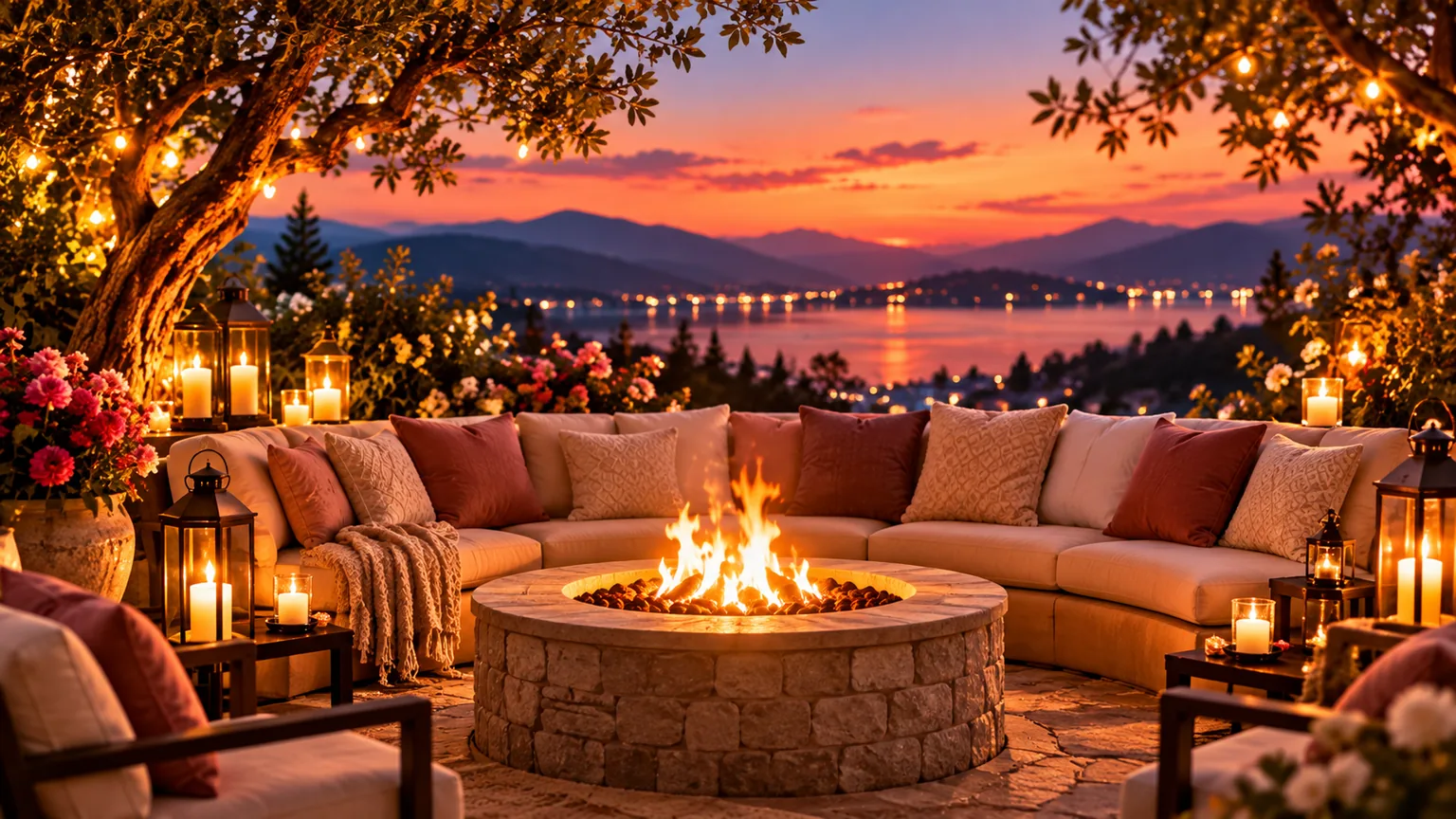 A glowing outdoor firepit in a peaceful evening setting