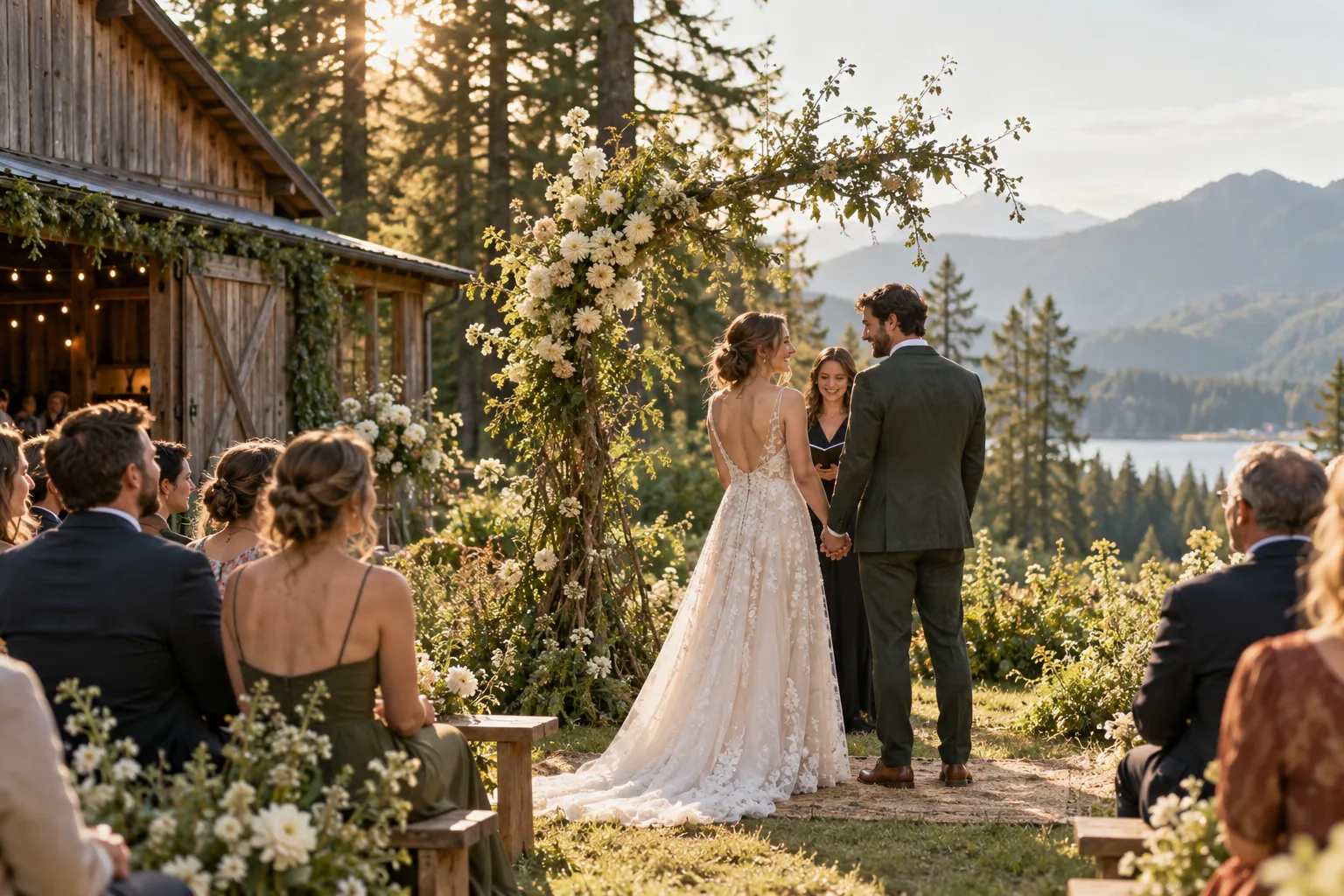 An intimate outdoor ceremony in a Pacific Northwest woodland