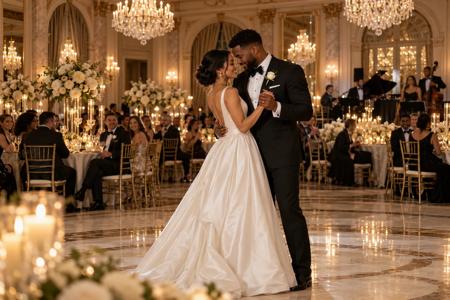 A couple sharing their first dance in an elegant ballroom