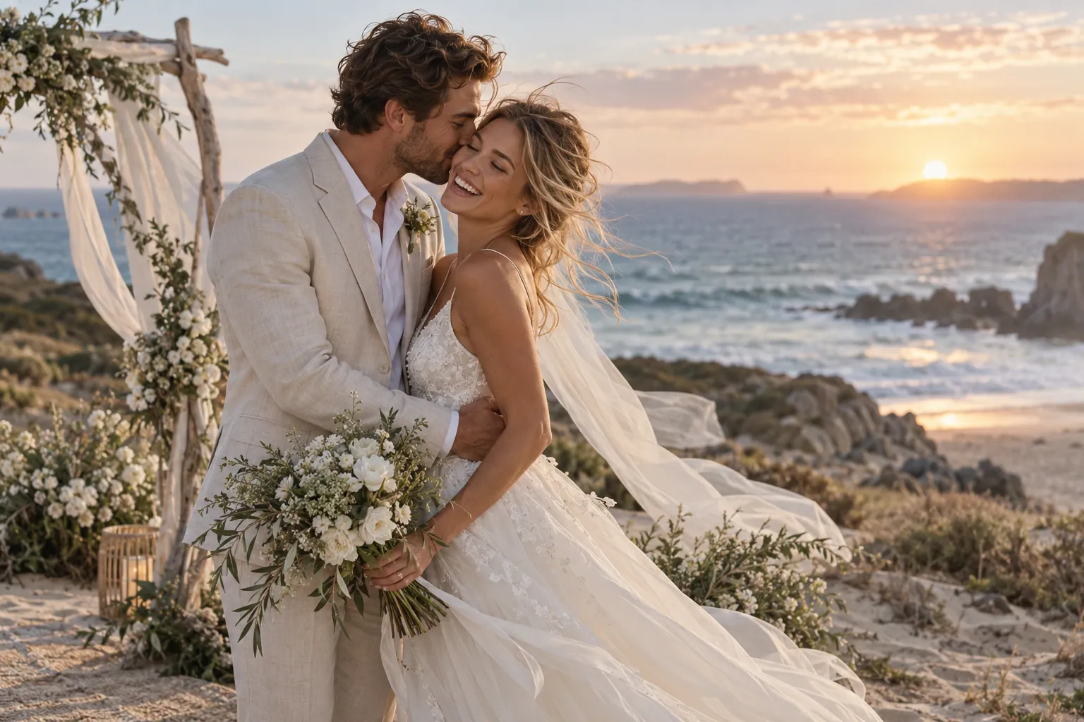 Newlyweds celebrating beside the ocean at sunset