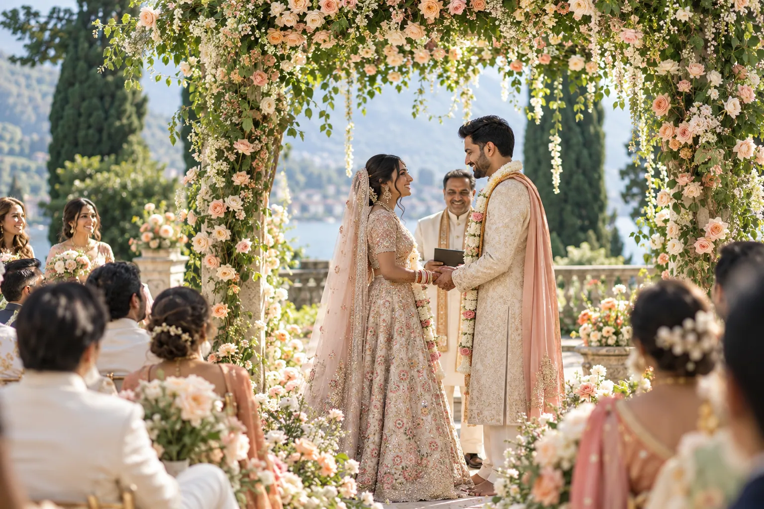 A couple exchanging vows beneath a garden flower arch