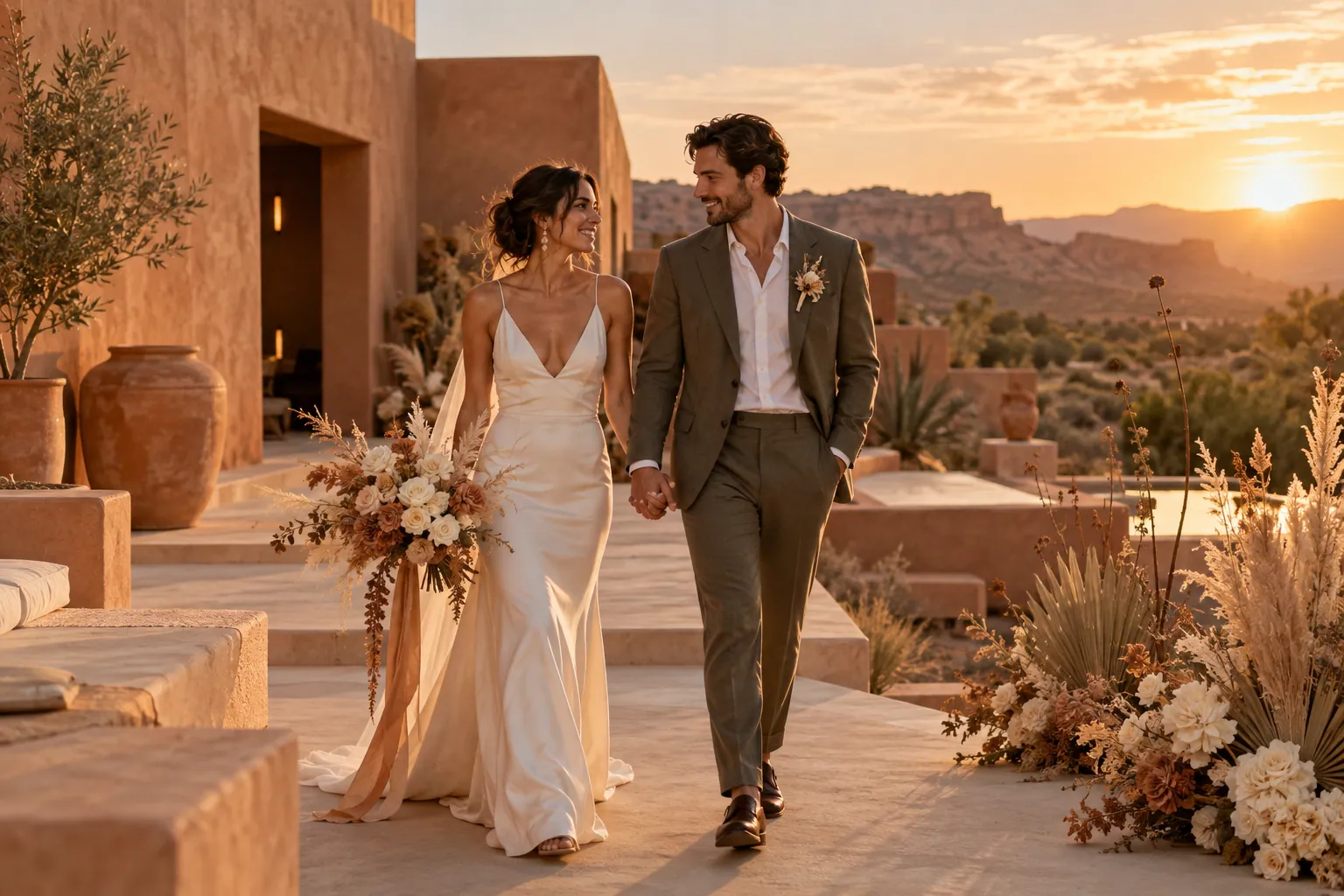 A modern wedding in a warm desert landscape