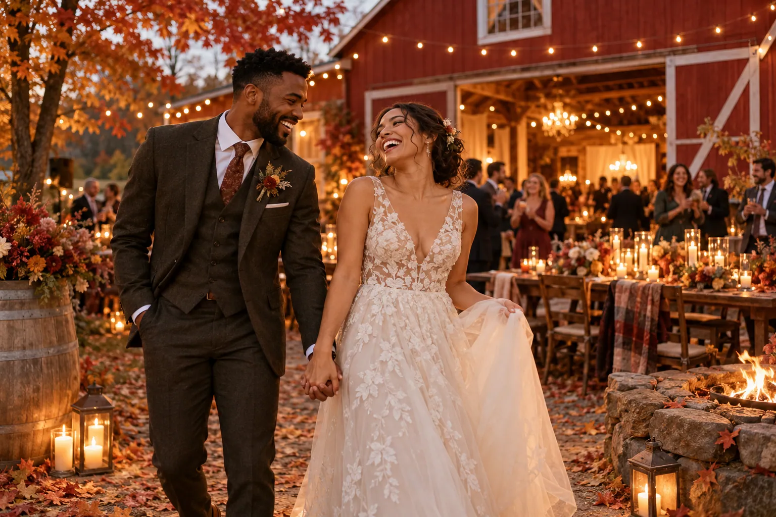 Newlyweds celebrating outside a rustic barn in autumn