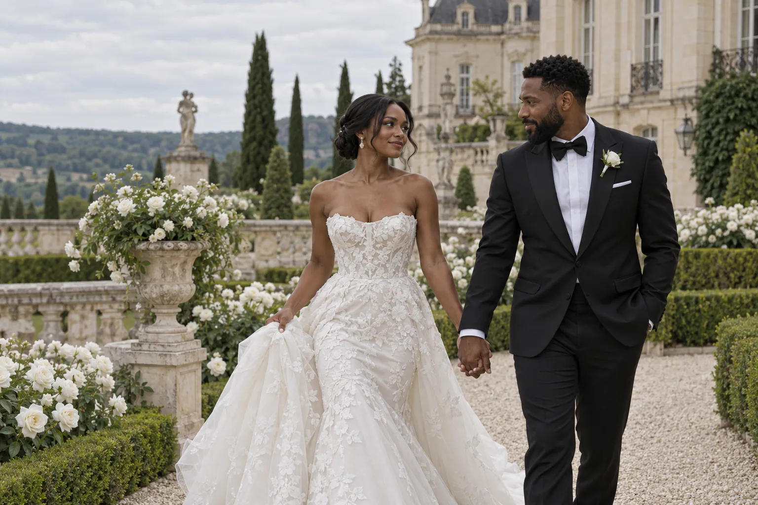 A bride walking through the garden of a classic estate