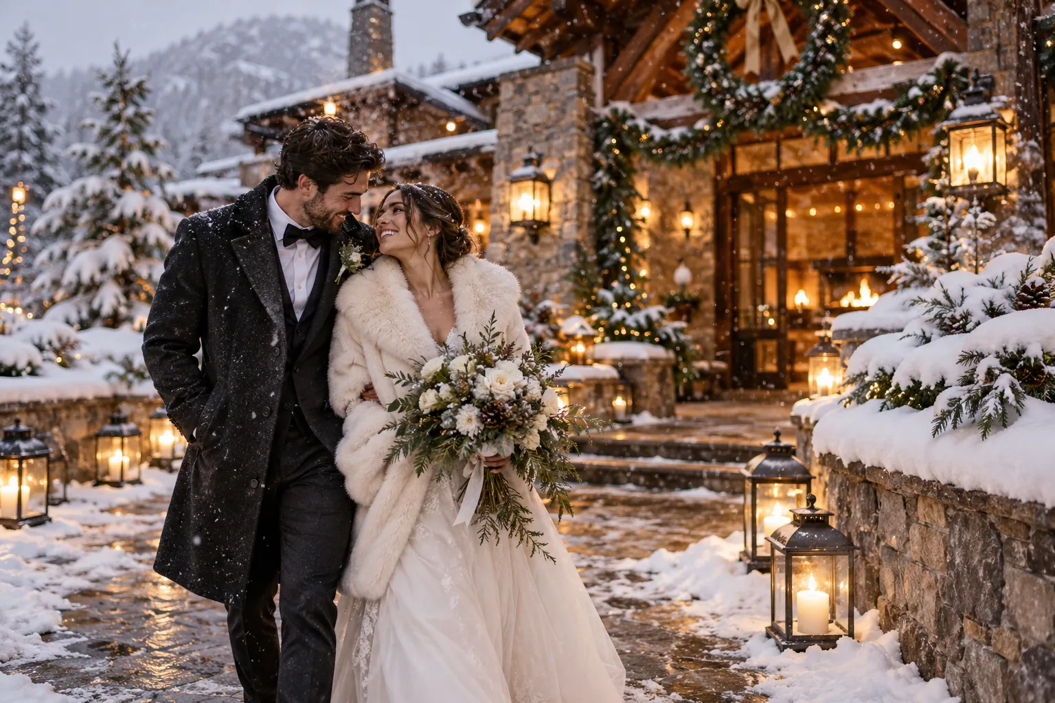 A cozy winter wedding beneath evergreen branches and lanterns