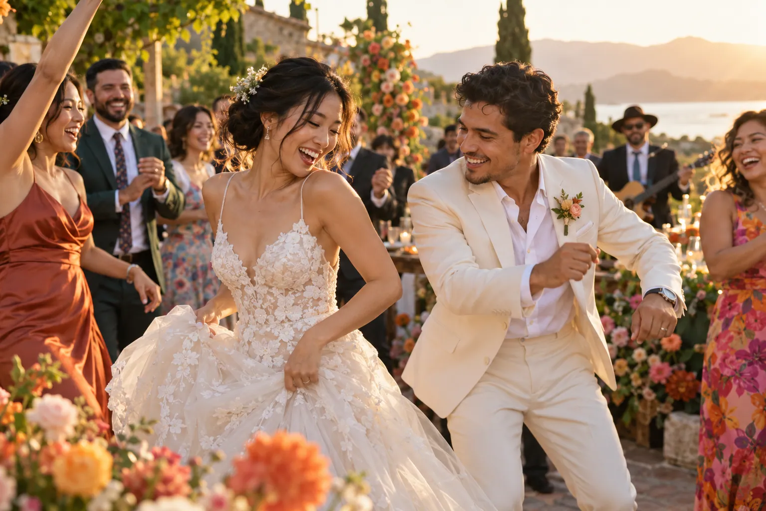 A joyful couple dancing with their guests at an outdoor wedding