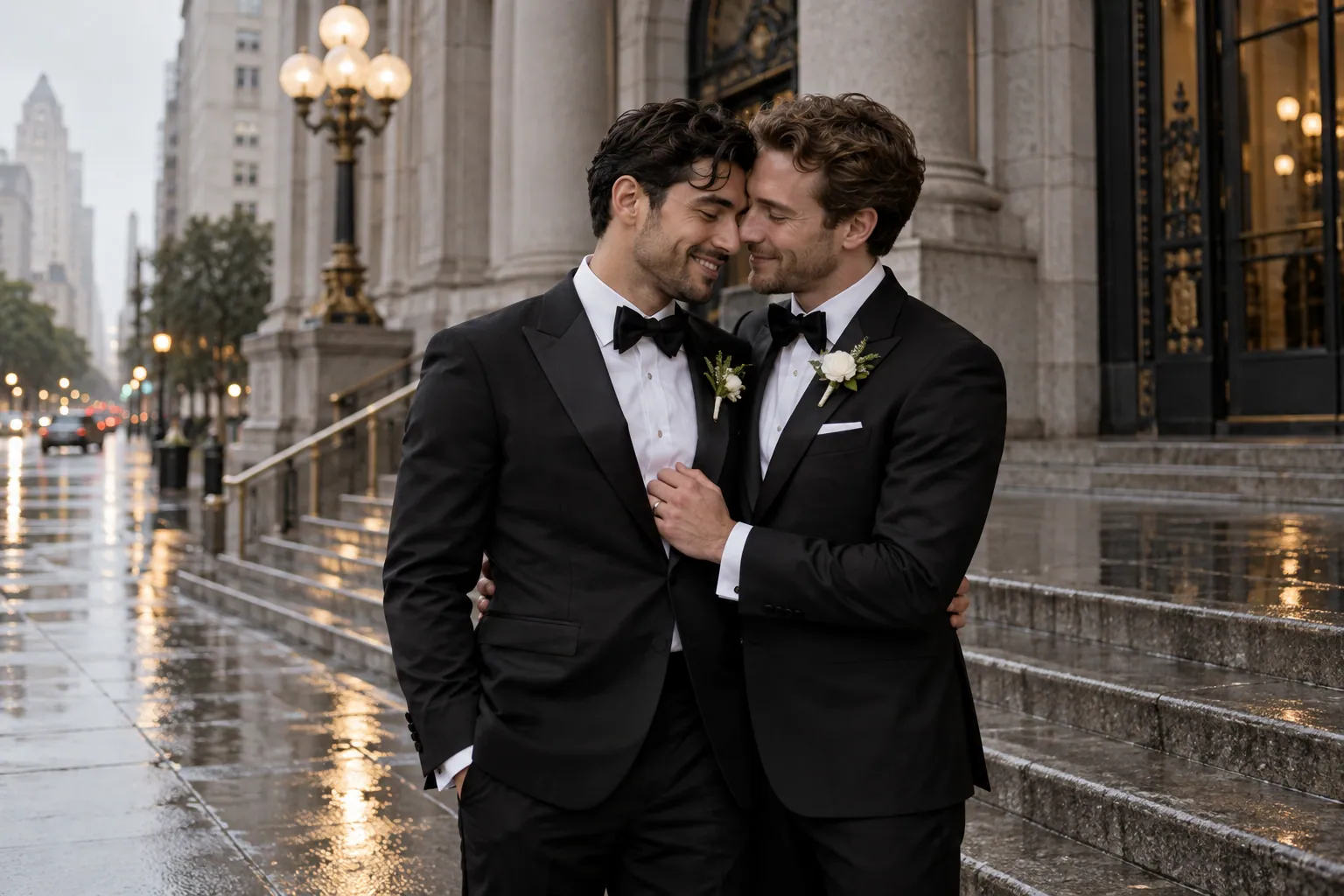 Two grooms embracing after a city hall wedding