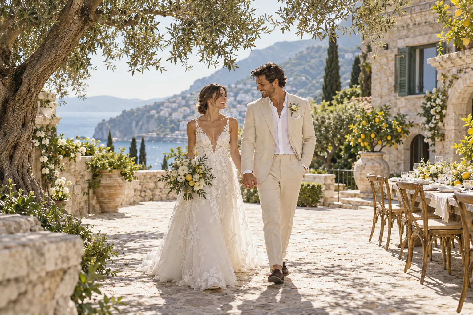 Newlyweds celebrating in a Mediterranean villa courtyard