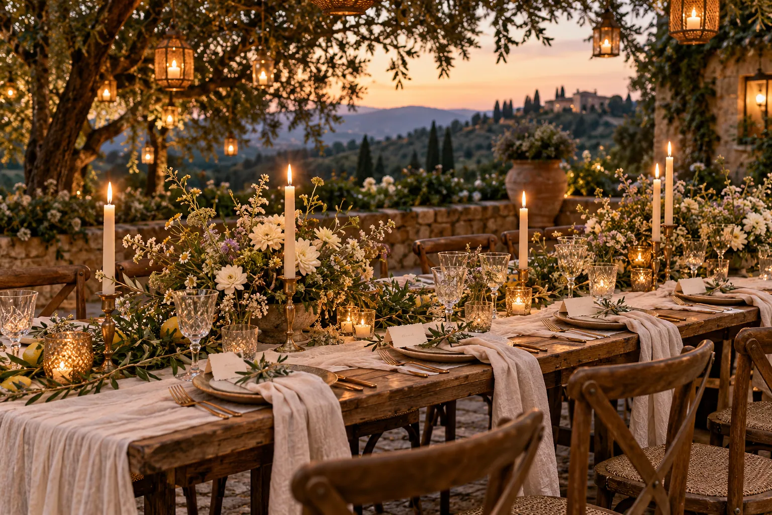 A candlelit reception table with linen and seasonal flowers