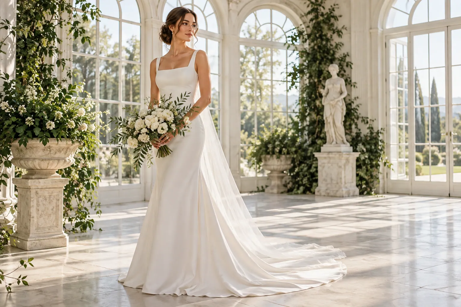 A modern bridal portrait in a sunlit conservatory