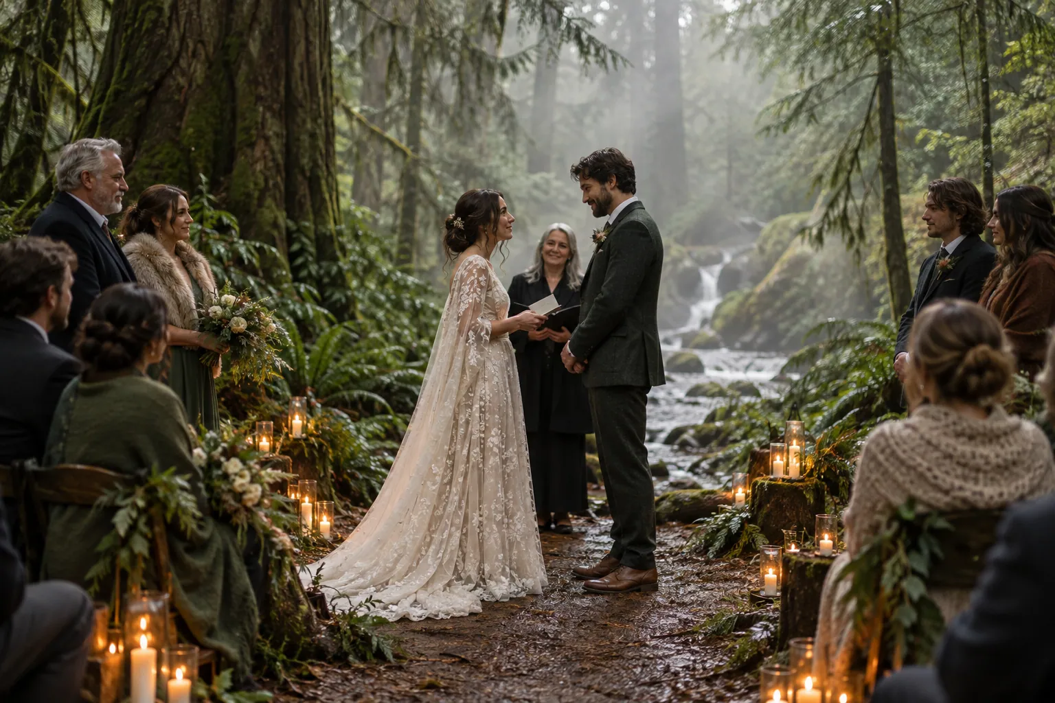 A couple exchanging vows on a forest path