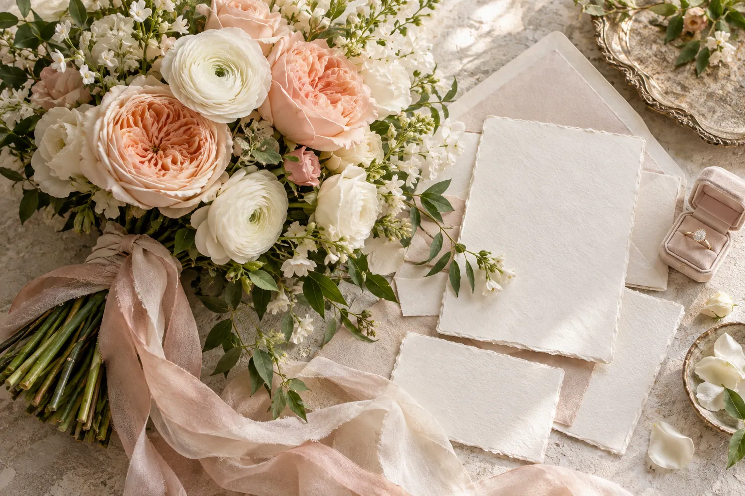 A wedding bouquet and invitation suite in soft window light
