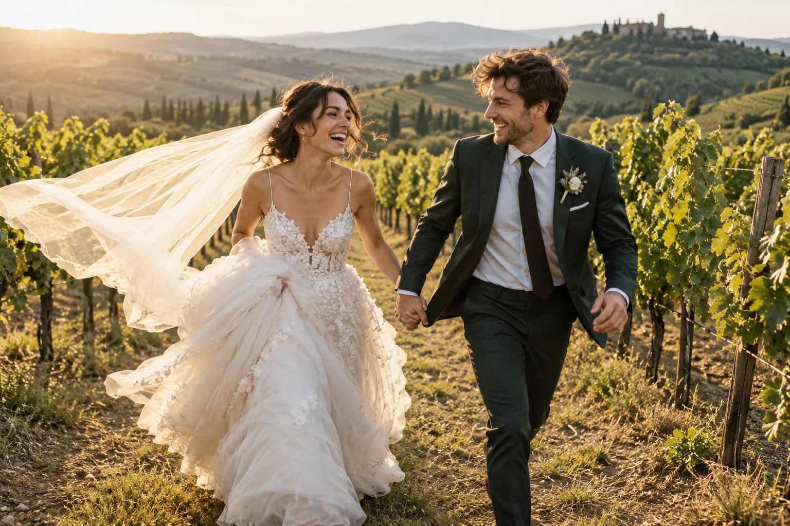 A couple walking through a vineyard after their ceremony