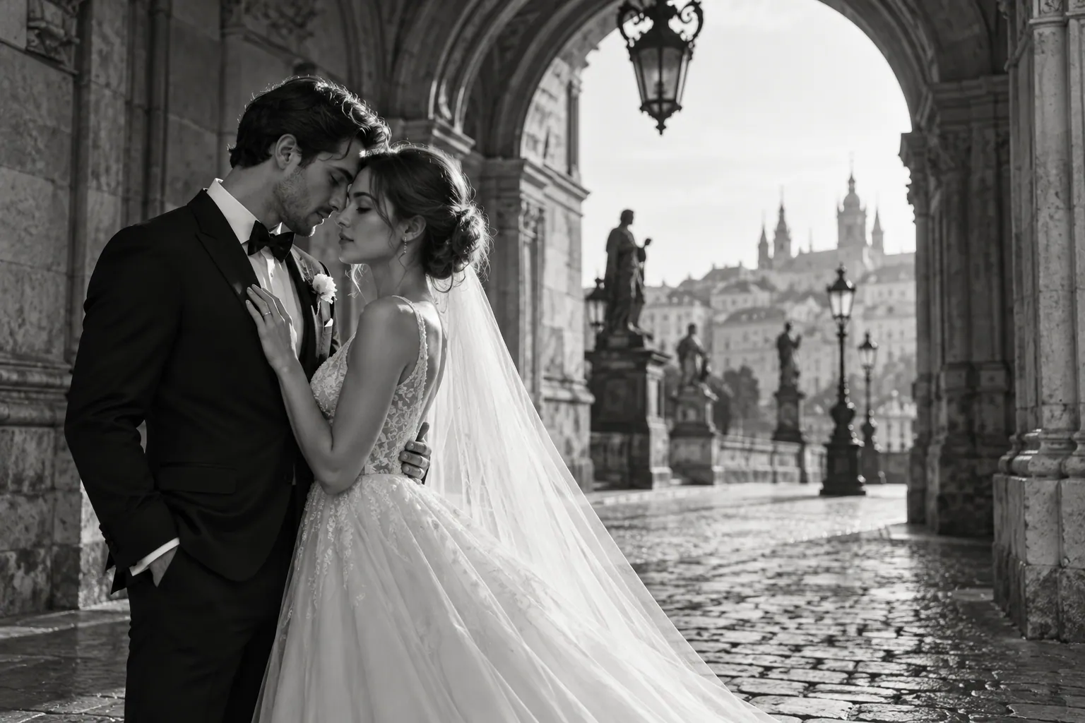A timeless black and white portrait beneath a historic city arch