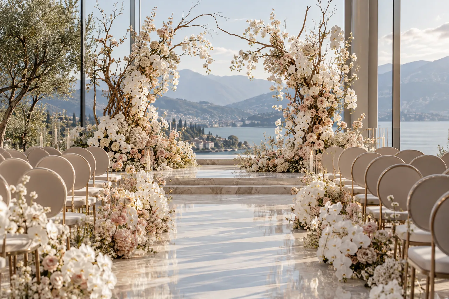 Sculptural white flowers framing an elegant indoor ceremony aisle