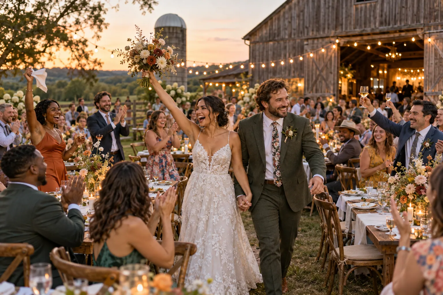 Guests celebrating at an outdoor farm wedding reception