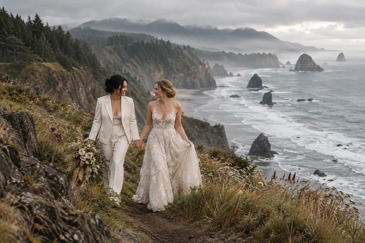 A couple holding hands on a misty coastal elopement