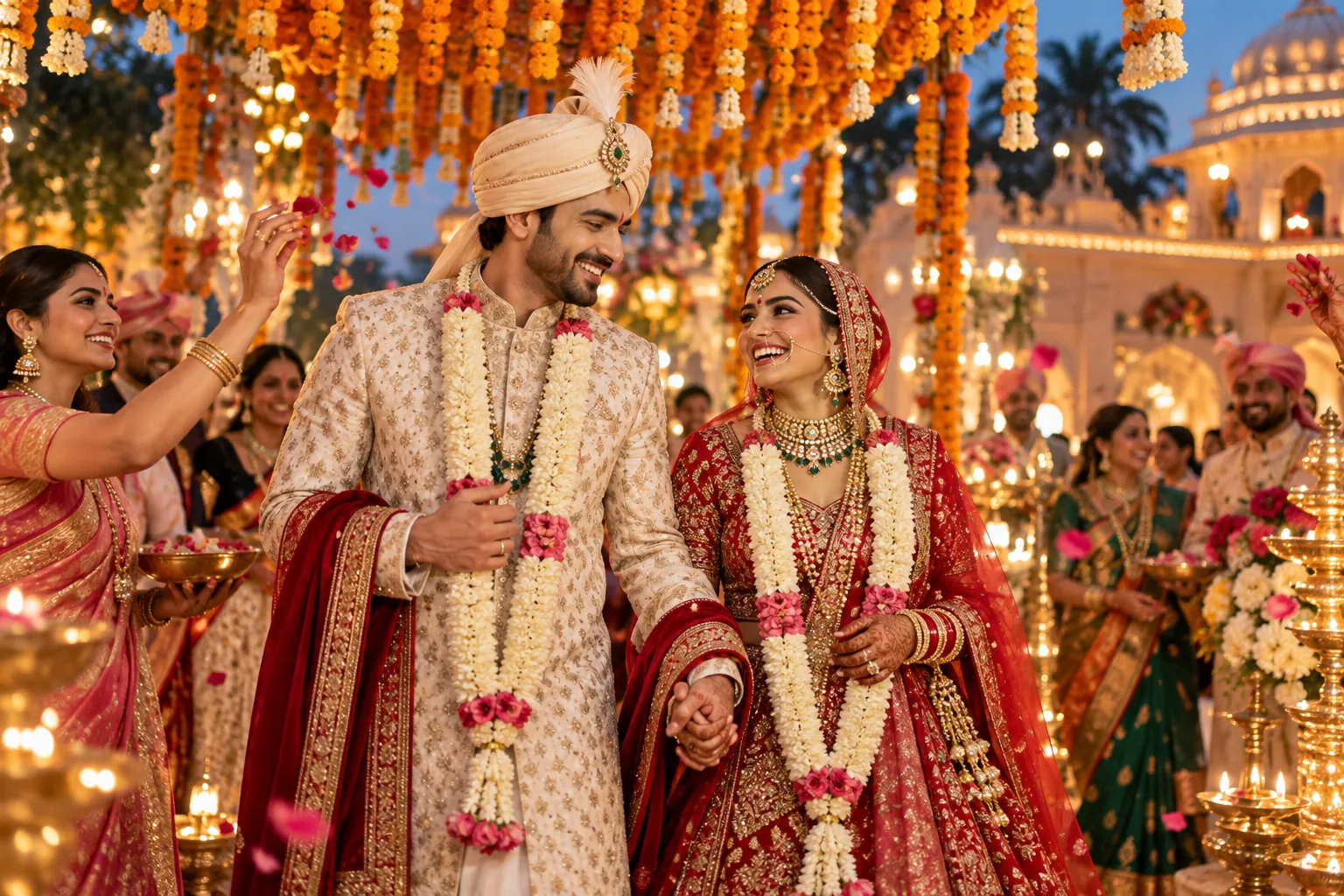 A joyful traditional celebration beneath marigold flowers