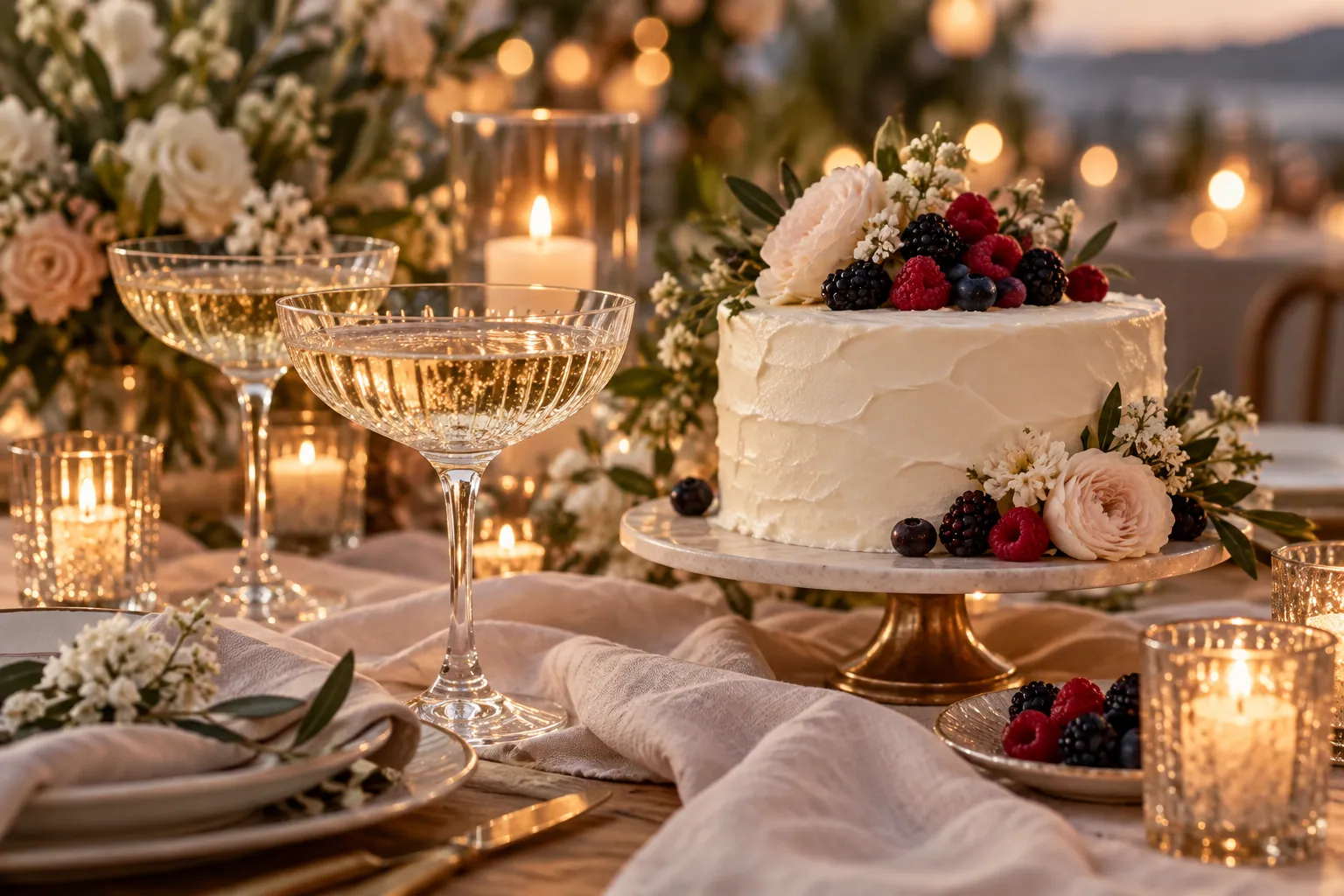 Wedding cake, berries and champagne on a candlelit reception table