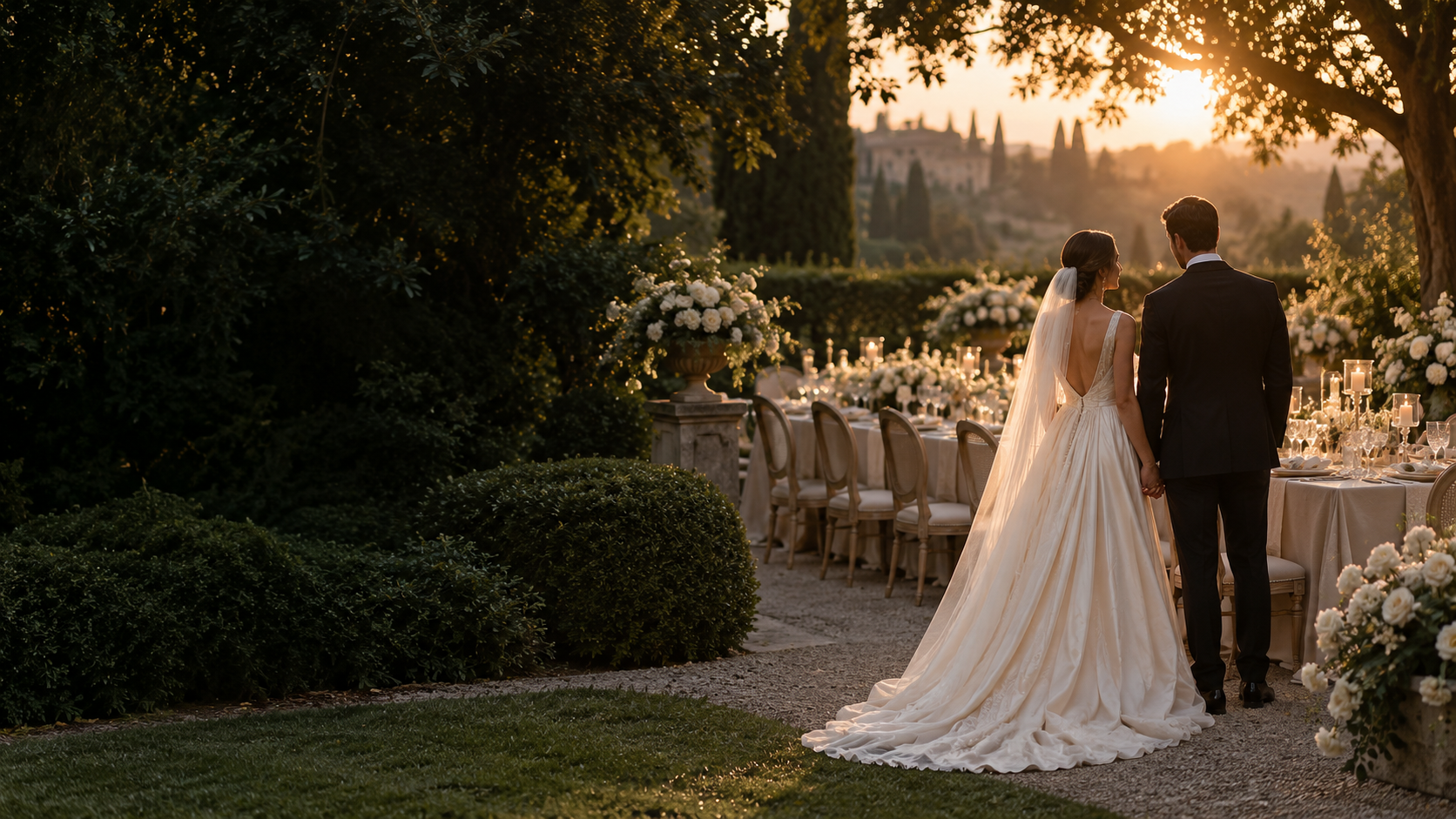 A couple celebrating their wedding in a golden-hour garden